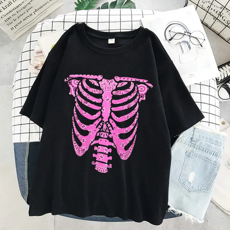 Oversized T-shirt Women Dark Skull Bones Heart and Lung Print T-shirt Funny Harajuku Summer Short Sleeve Streetwear Tee Tops cute summer crop tops