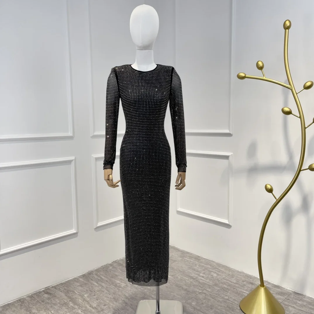 

2022 Autumn New Arrival Top Quality Shinning Long Sleeve Ladeis Bodycon Slim Fit Elegant Sexy Black Diamonds Dress