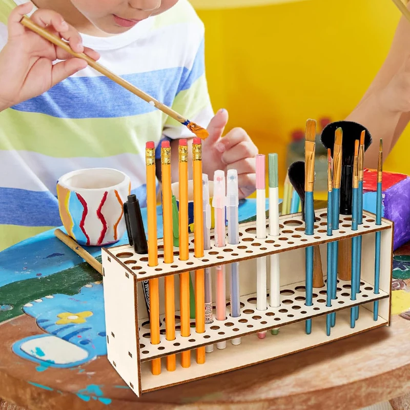 67 Slot Premium Wooden Brush Holder Painting Brush Pen Storage Holder Stand Durable Artist Desk Organizer DIY Assemble