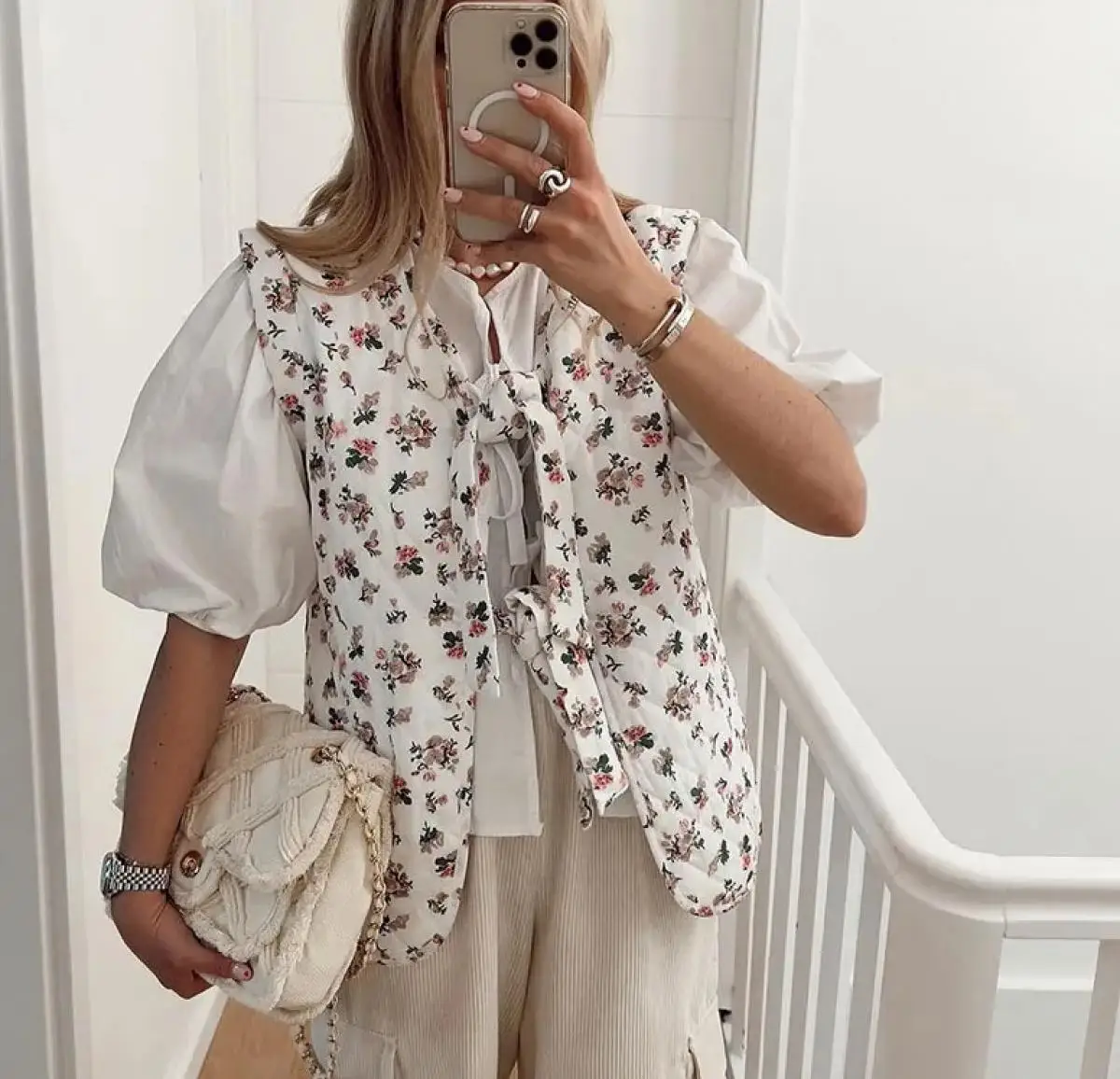 Women Fashion Flower Printed Lace Up Vest Loose V Neck Sleeveless Short Waistcoat 2024 Autumn Spring Lady Basic Streetwear Tops