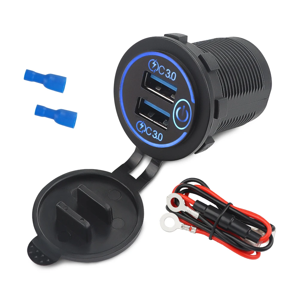 QC3.0 Dual USB Car Charger Quick Charge 12V/24V Waterpoof Fast Charging Socket Power Outlet with Touch Switch with LED Ligh