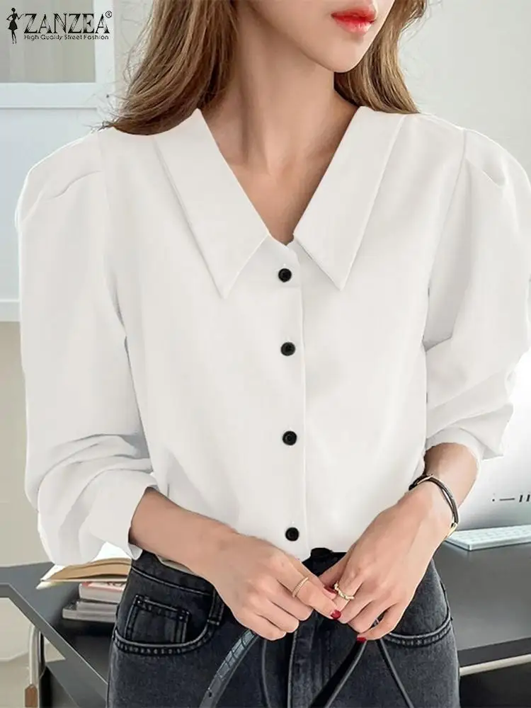 

ZANZEA Women Blouse Korean Fashion Solid Shirt 2024 Spring Puff Long Sleeve Buttons Opening Tunic Elegant Lapel Collar OL Blusa