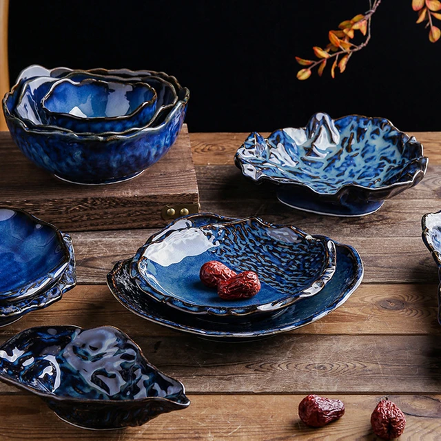 Irregular Dinner Plates Creative Fancy Glaze Dinnerware Black Blue Splicing  Ceramic Plate Household Dishes Platos De Cena