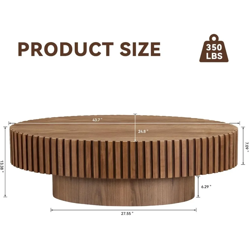 43.7''Oval Drum Coffee Table Handcrafted Relief Sturdy Pedestal Wooden Olive-Shaped Tea Table for Living Room 2