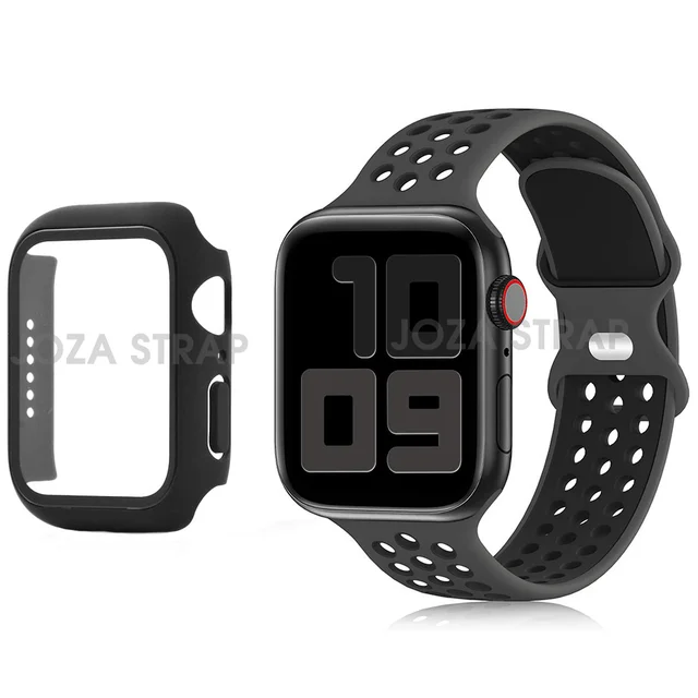 Case+Strap For Apple Watch band 44mm 45mm 38mm 42mm 41mm Silicone watchband  suit bracelet for iWatch series 3 4 5 6 se 7 band 25 black suit
