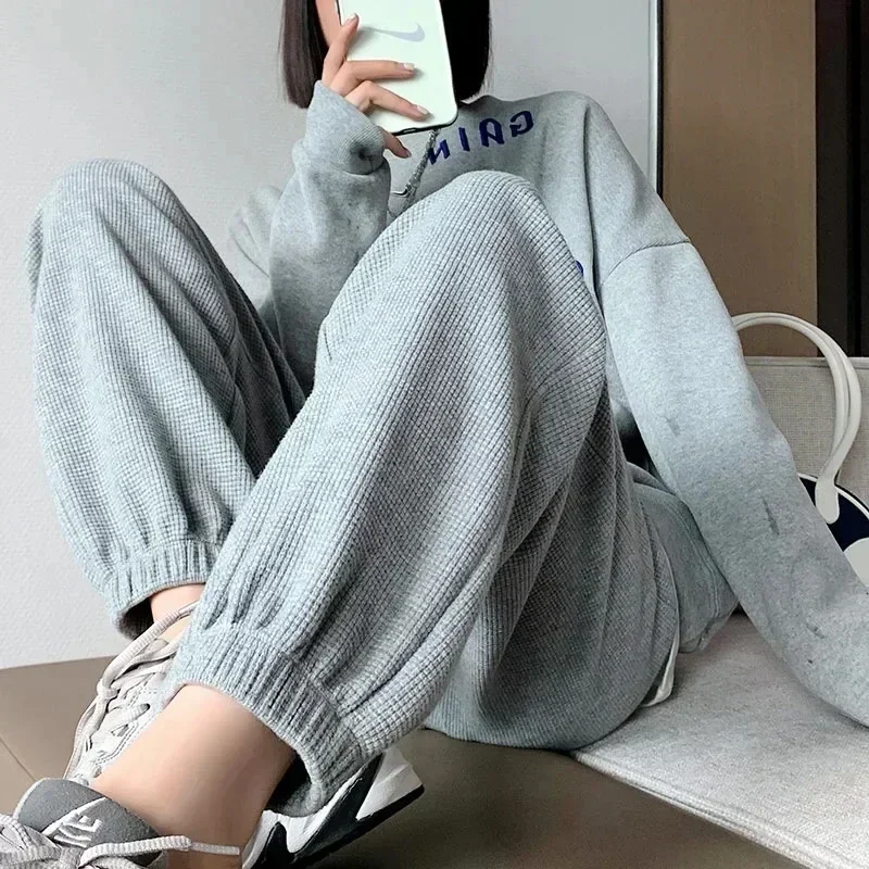 2024 Spring/Summer Waffle Loose Lantern High Waist Women's Tie Feet Guard Pants Casual Large Size Pants Drawstring Sports Pants 6