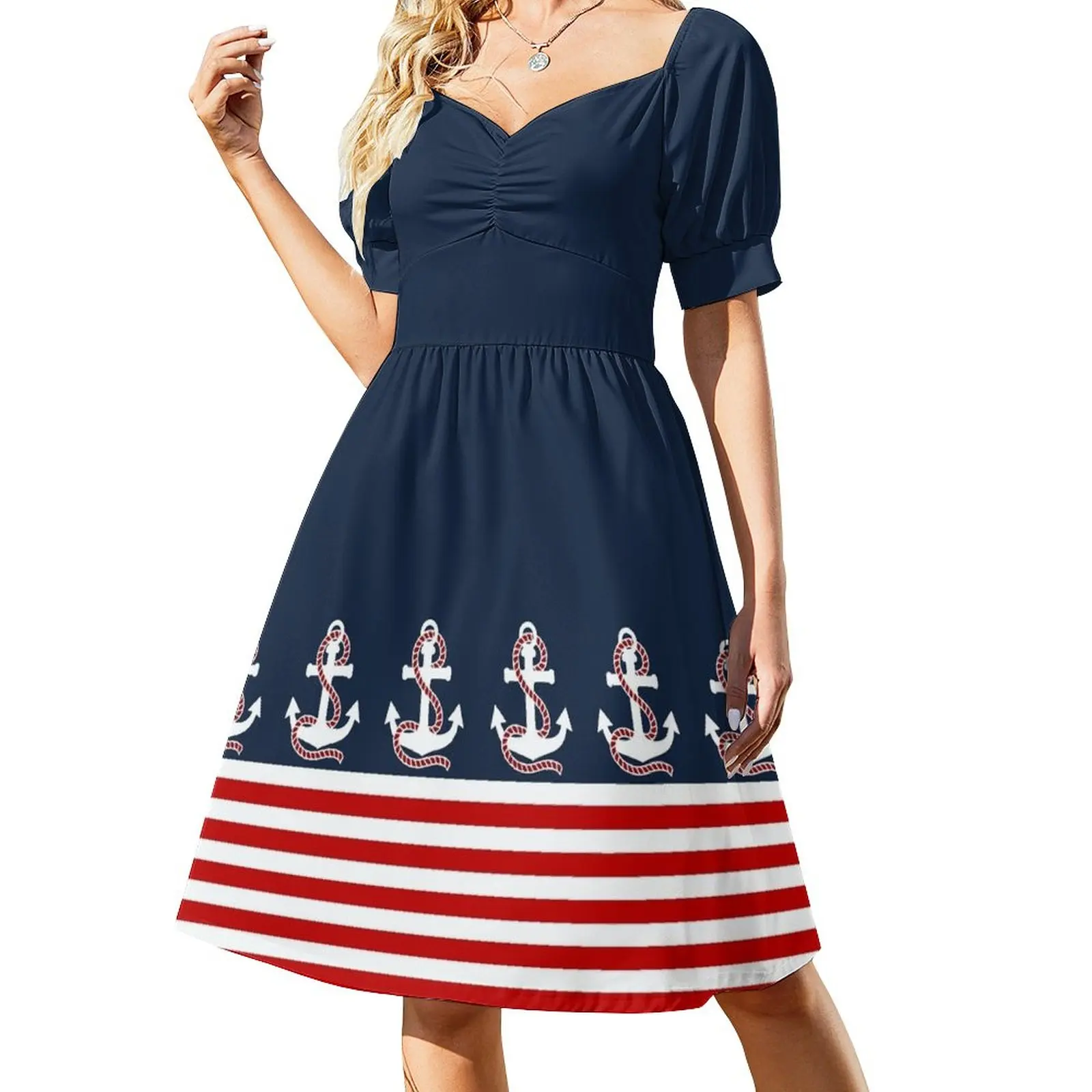 

Nautical red white stripes and red anchor on blue background Sleeveless Dress dresses for woman women's summer dresses 2023