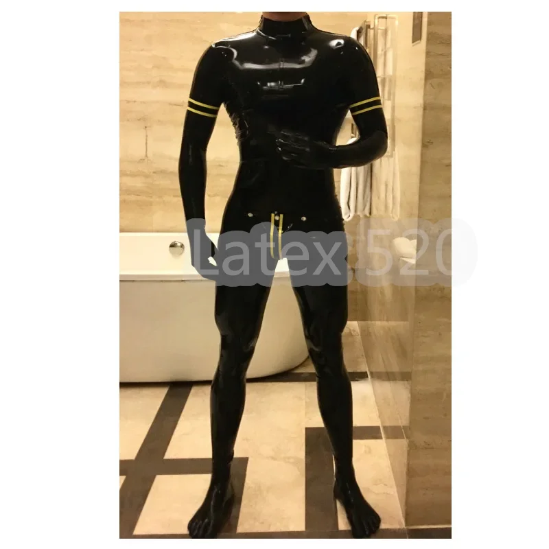 

Latex Rubber Catsuit Sexy Full Body Gummi Bodysuit for Men Women Customize Including Socks Black Toe Socks With Yellow Trim