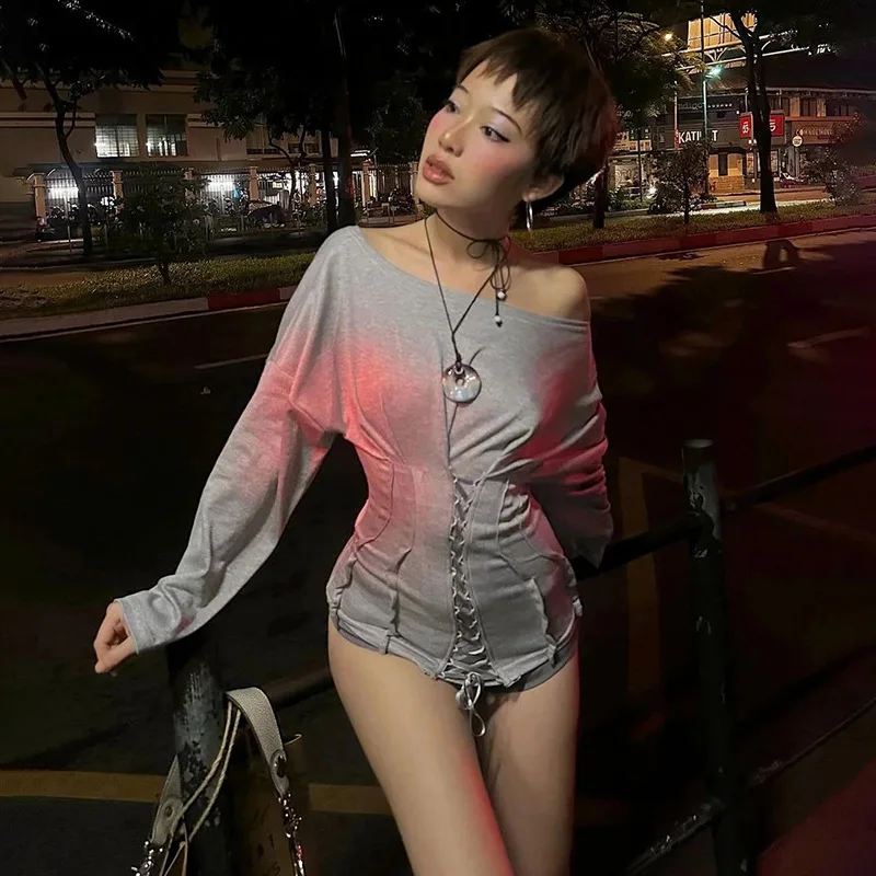 N2025 Casual Fashion T-Shirts Woman Skew Collar Off Shoulder Full Sleeve Drawstring Design Daily Simple Versatile Style Tops