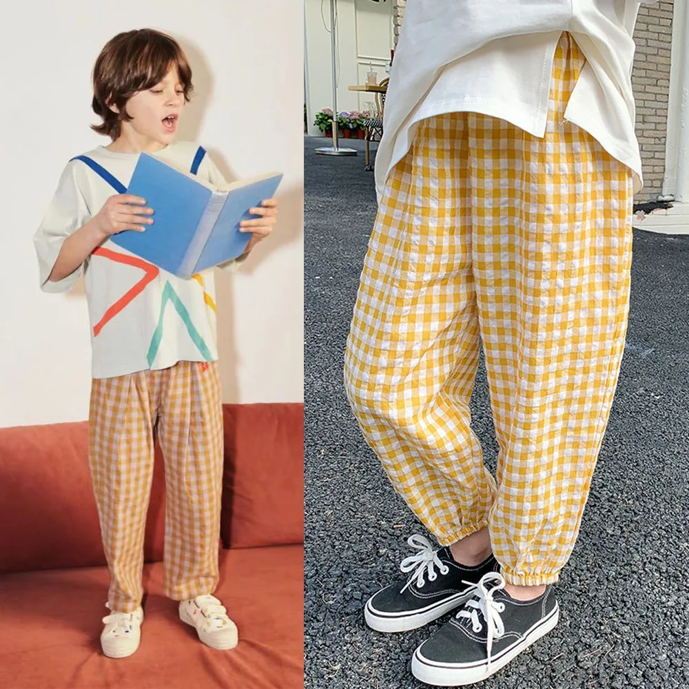 

2022 Summer Children's Casual Pants Boys Girls Plaid Anti-mosquito Pants for Kids Cotton Trousers Children Joggers Bell Bottom