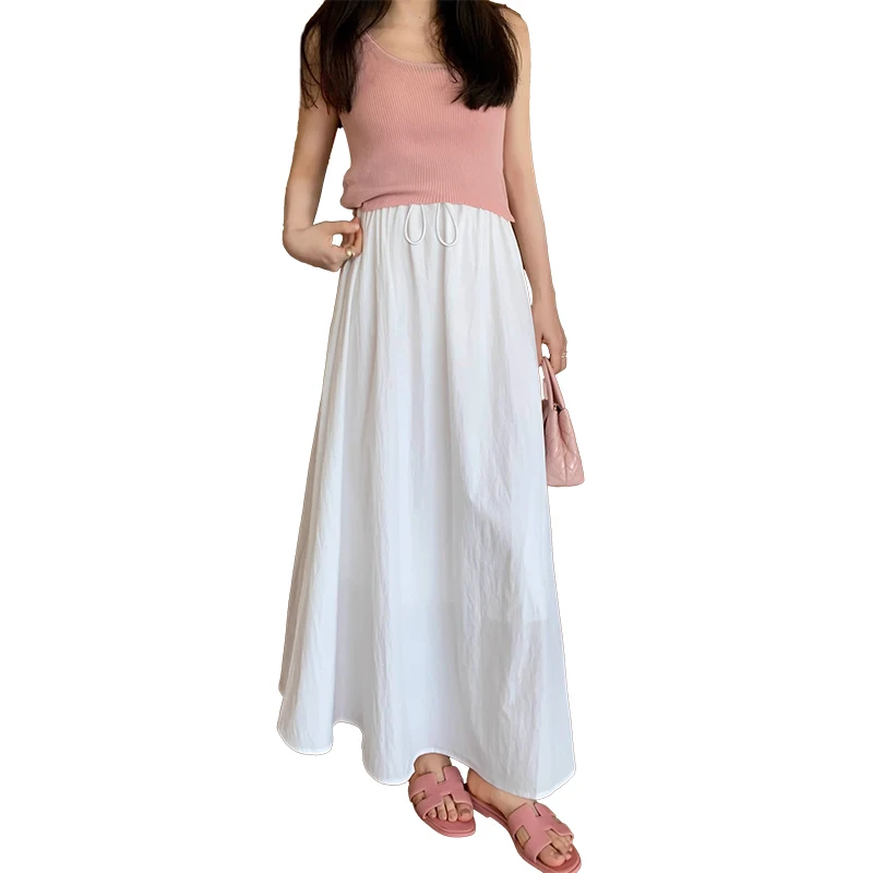 Summer Korean Style Maternity Cotton Long Skirts Solid Color Drawstring Waist Large Hem Plus Size Pregnant Woman Umbrella Skirt