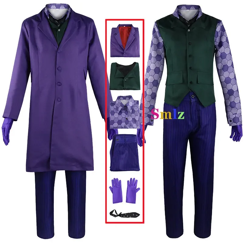 

Heath Ledger Cosplay Suit Halloween Men Movie Knight Joker Costume Purple Jacket Trench Vest Pants Full sets