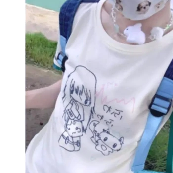 Y2k Aesthetic Casual Cartoon Printing Tops T-shirt Women Streetwear Bright Thread Finish Tshirts Harajuku Grunge Summer T-shirt 1