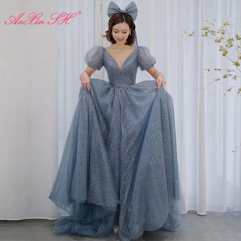 

AnXin SH Vintage blue lace evening dress princess v neck puff sleeve sparkly bride party ball gown lace up evening dress