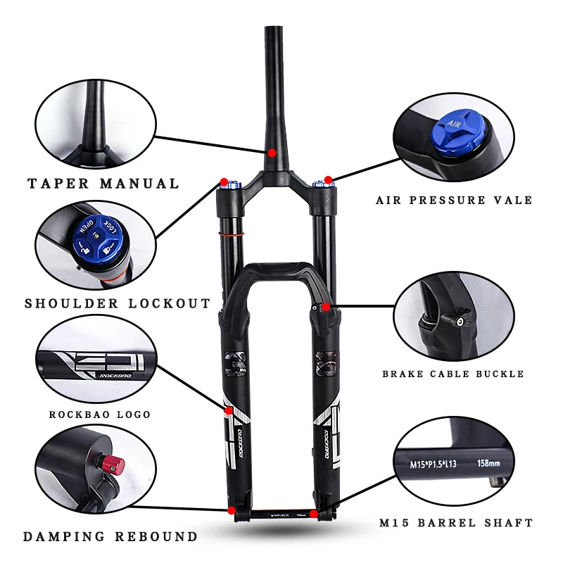 ROCKBAO Bike Fork Rebound Adjustable MTB Air 26/27.5Inch Front Suspension 140/160mm Bicycle Parts Travel Tapered 110X15mm Fork