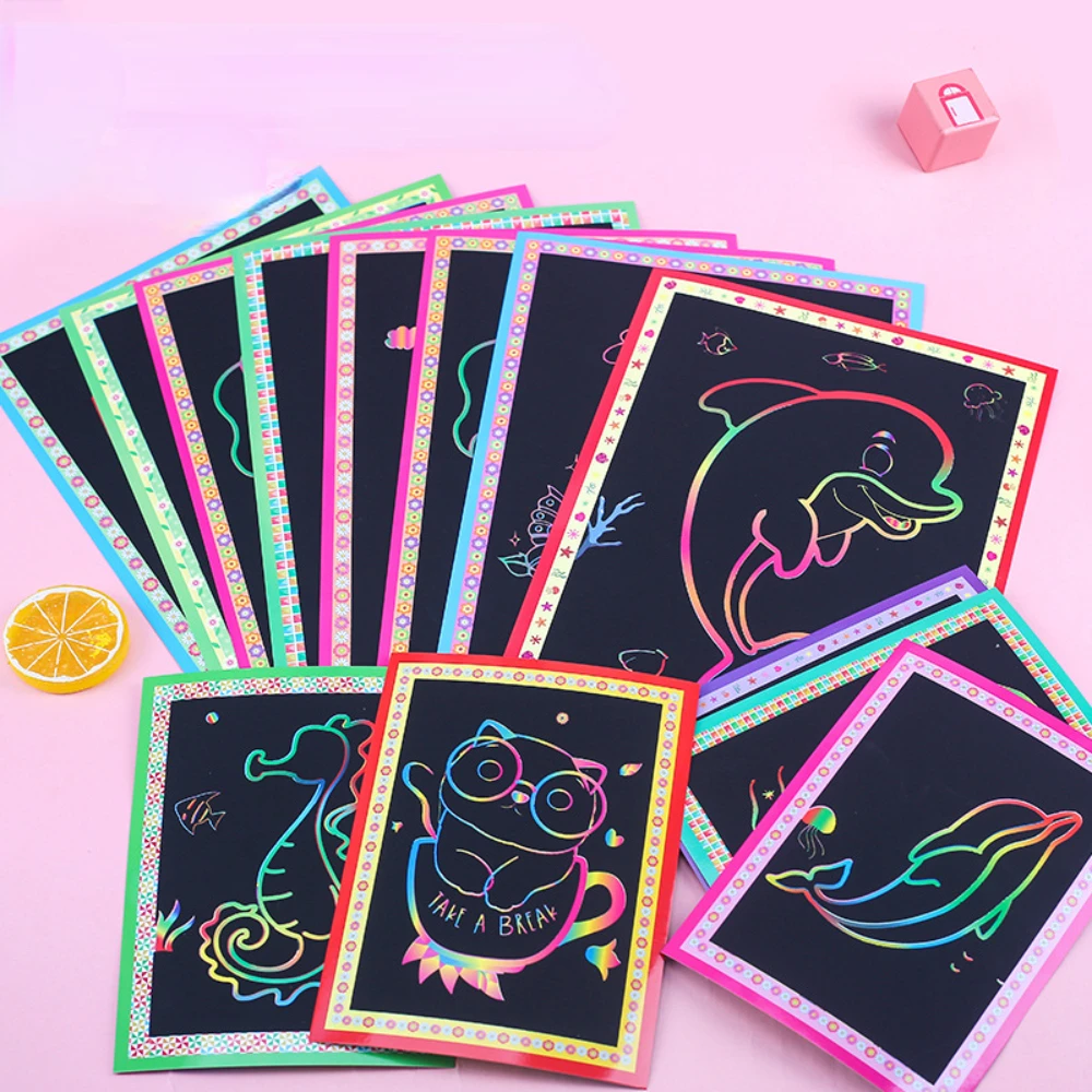 10PcsScratchArtPaperMagicPaintingPaperwithDrawingStickDrawingToysKidsLearning