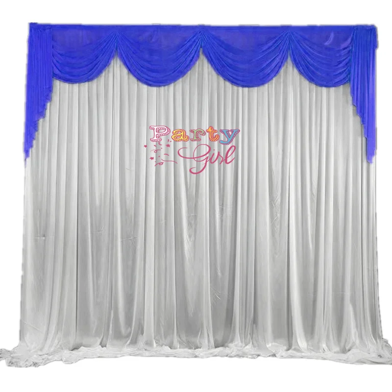 

White And Blue Color Ice Silk Backdrop Curtain With Top Swag Wedding Stage Background Photo Booth For Event Party Decoration