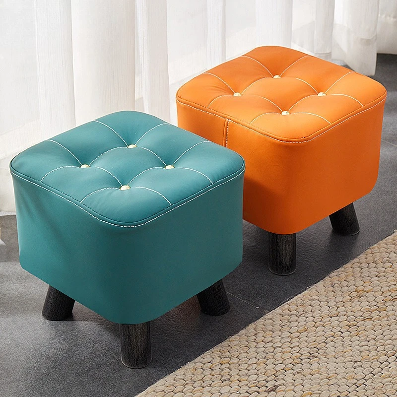 Home Living Room Footrest&Entryway Shoe Changing Stool-Solid Wood Small Ottoman with Durable Faux Leather, Creative Low Bench