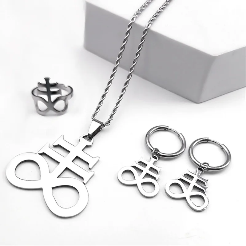 Edelstahl-Schmuckset, Satan-Kreuz, Kirche des Satans, Symbol, Emblem, Schwefelschild, Siegel, Charm, Halskette, Armband, Ring, Ohrring – Detail 9