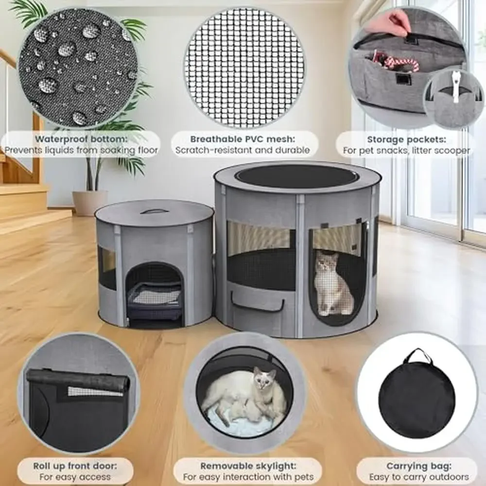 Portable Cat Playpen Tunnel 3-in-1 Foldable Puppy Pen Waterproof Bottom 2-Room Separable Pet Tent Enclosed Mesh Separable Doors