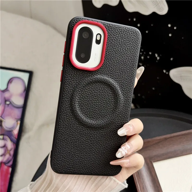 Luxury Magnetic Lychee Pattern PU Leather Non-Slip Phone Case with Metal Camera Frame