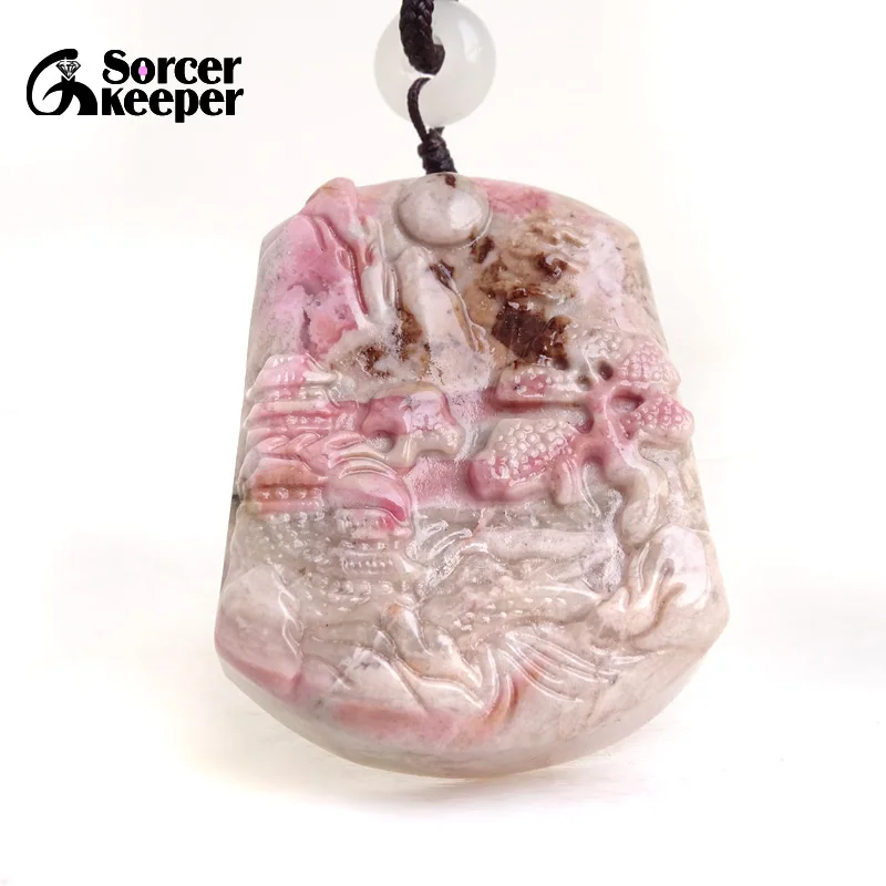 

Natural Rhodonite Jasper Gemstone Scenery Necklace for Women Men Pendant Necklace Fashion Rope Sweater Chain Lucky Jewelry BK216