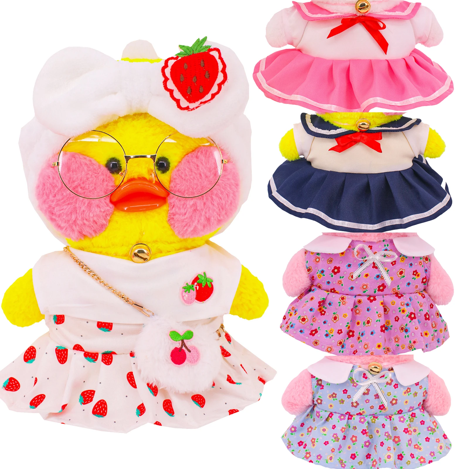 Doll Clothes Yellow Duck for 30 Cm Uniforms Strawberry Print Dress Glasses Messenger Bag lalafanfan Accessories Child's Gifts pink series duck doll clothes sweater uniform kawaii 30cm lalafanfan plush doll clothes glasses hat accessories girls gifts toys