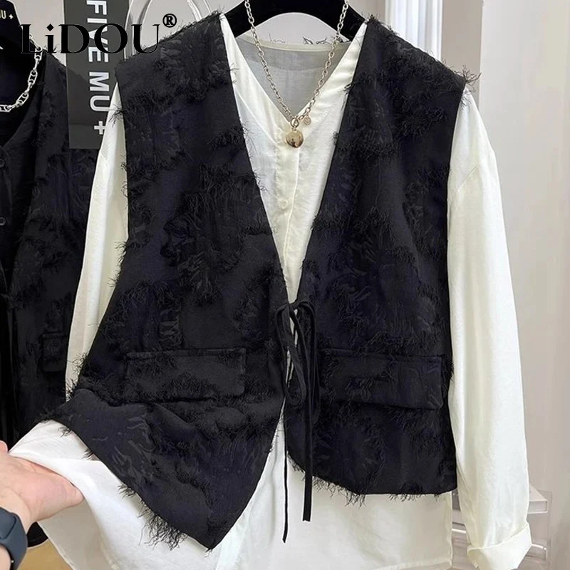 

Spring Autumn New Solid Color Fashion Fake Two Pieces Shirt Women High Street Casual Loose Button Lacing Y2K All-match Cardigan