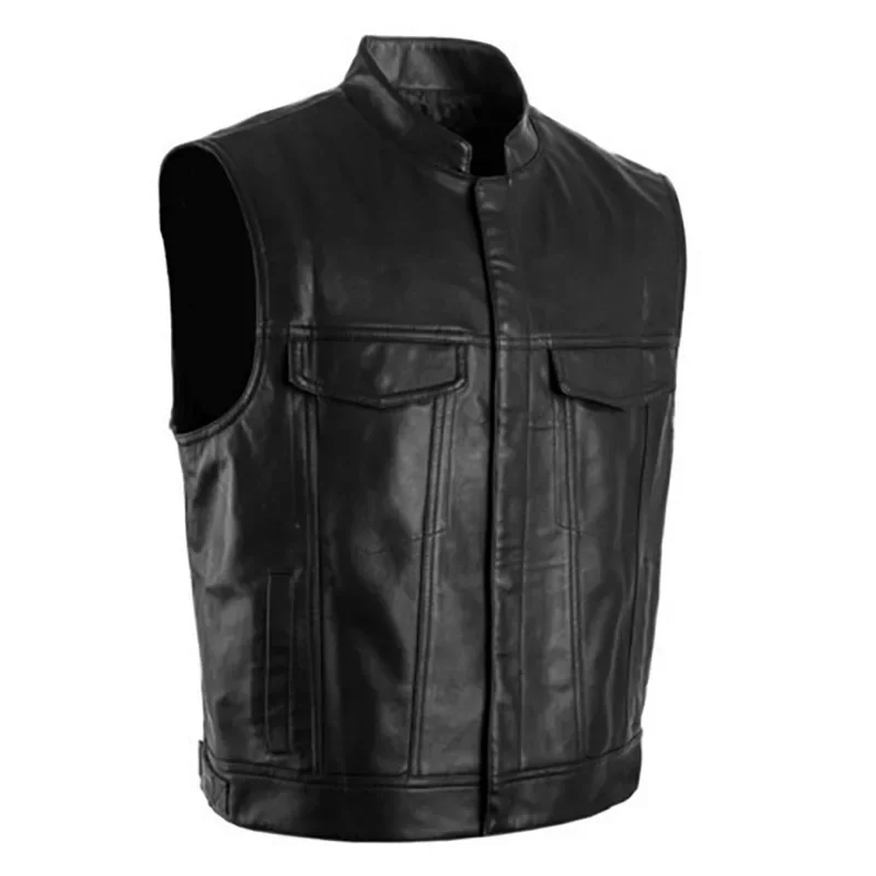 

New Men Vest Black Biker Motorcycle Hip Hop Waistcoat Male Faux Leather Punk Solid Black Spring Sleeveless Leather Vest