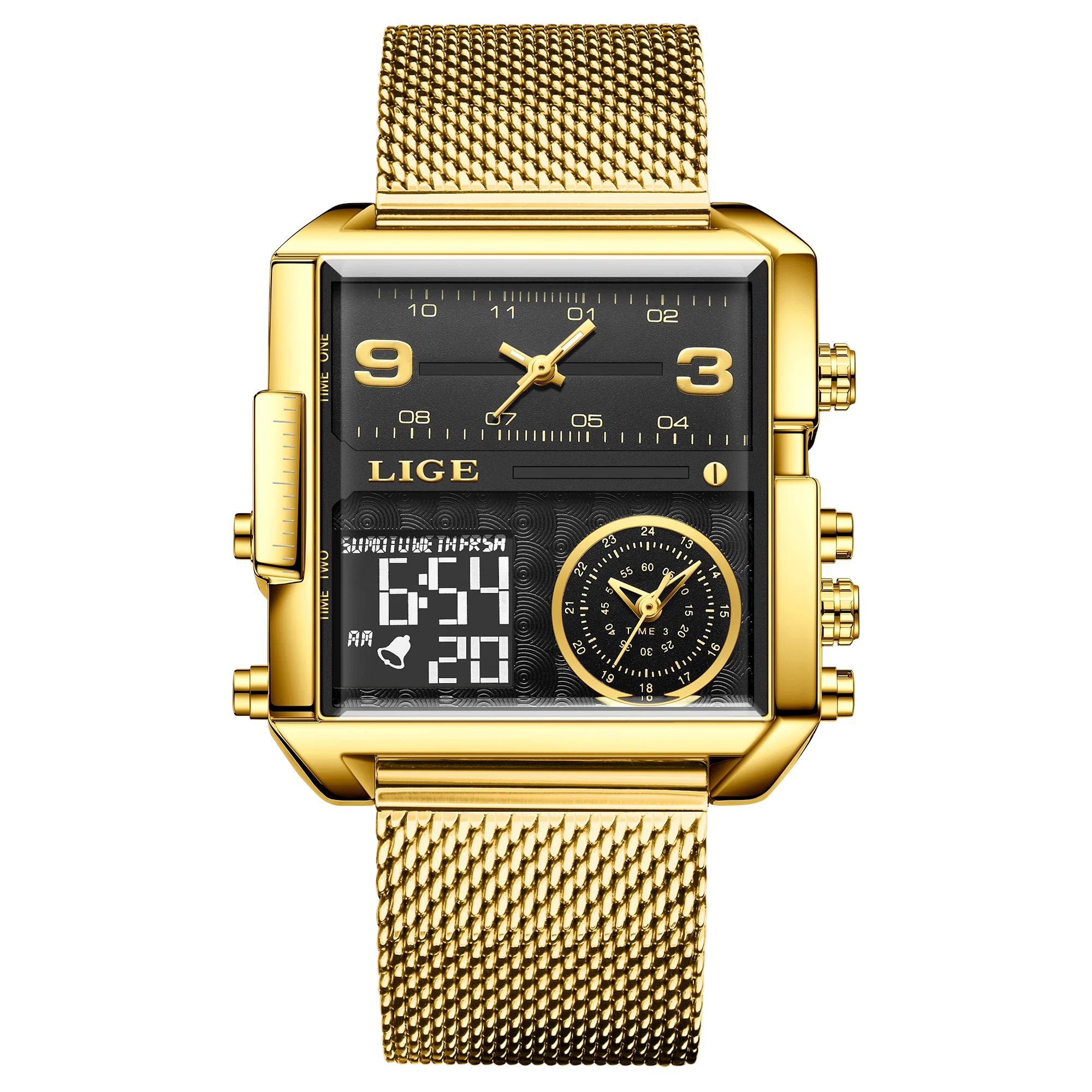 Luxury Gold Steel Sports Square Digital Analog Men's Quartz Watch
