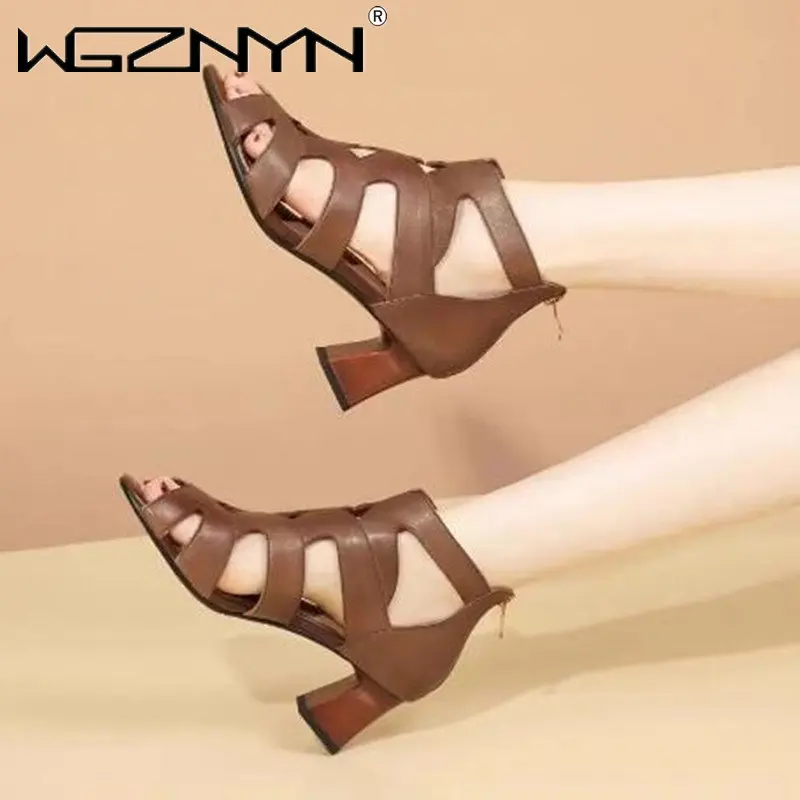 

Женские сандалии с открытым носком, туфли из натуральной мягкой кожи в римском стиле, с вырезами, на массивном каблуке и платформе, универсальные босоножки на высоком каблуке, 2022