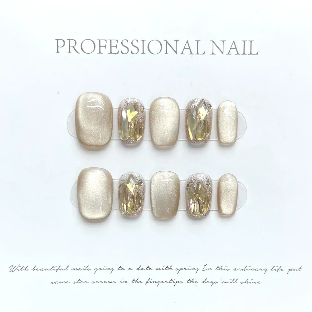 수제 짧은 프레스 손톱, 한국 고양이 눈, 귀여운 라인석 디자인, 재사용 가능한 가짜 손톱, 풀 커버 네일 팁, 원하는 라이프 스토어