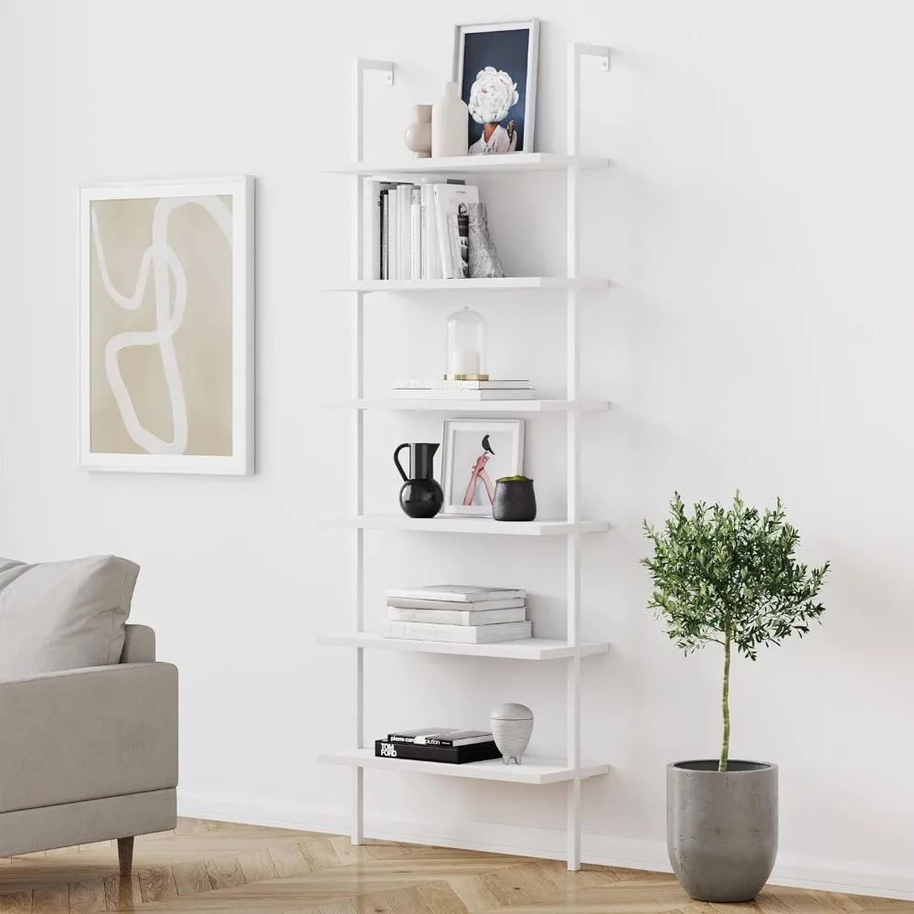 Theo 6-Shelf Tall Modern Bookshelf, Wall Mount Ladder Shelf Bookcase with Wood and Industrial Metal Frame