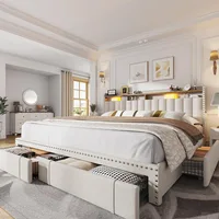 Bed Frame with 4 Storage Drawers, Upholstered Bed Frame and headboard with 2-Tier Shelves,Mattress Foundation with Wooden 1