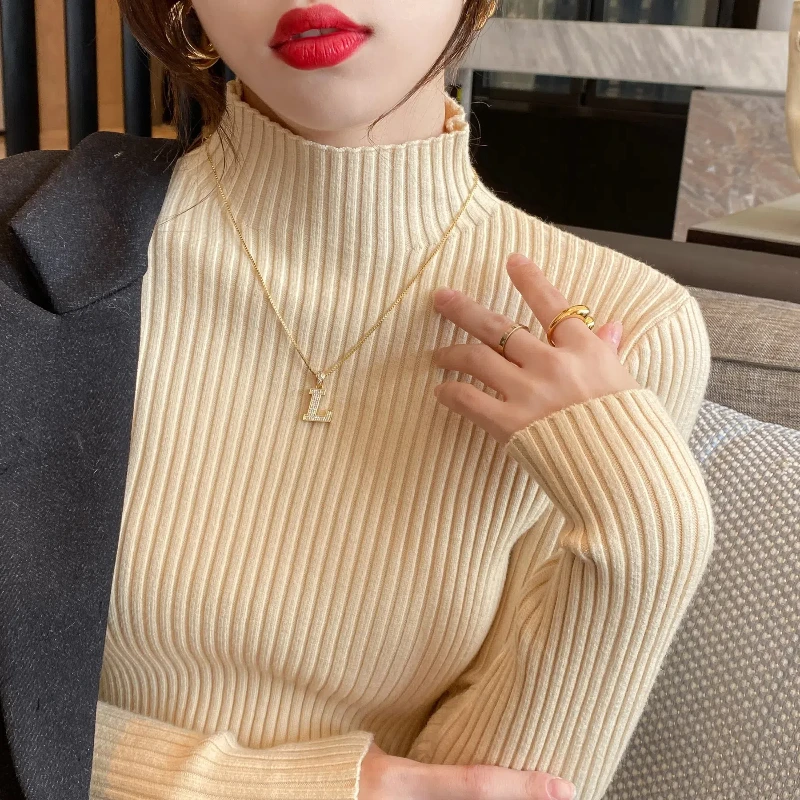 Autumn and Winter Semi High Neck Knitted Sweater Solid Color Long Sleeved Pullover Tight Fitting Slimming Top 118