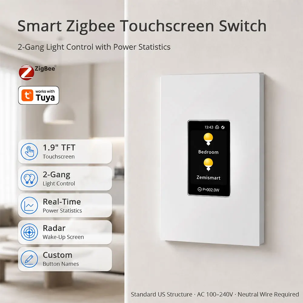 מתג מסך מגע Zemismart Zigbee 2 כפתורים עם מעקב צריכת חשמל