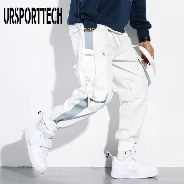 New Black Cargo Pants Hip Hop Joggers Men Loose Harem Pants Multi-pocket Ribbon Trousers Casual Streetwear Sport Pants for Men white