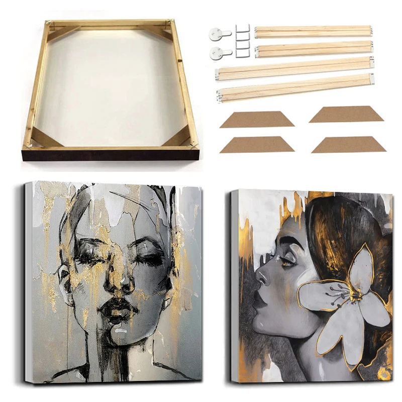 Black Gold Woman Canvas Painting with Frame Modern Abstract Art Living