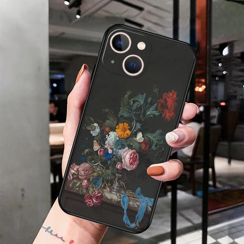 Soft Case for iphone 15Pro 14 13 7 8 15 Plus 12 Mini 11 Pro XS Max SE XR X Retro Flowers Rose Leaves Black Phone Cases Cover- Se516bd9f8f9542b682ad6c4aa1f5d08d4