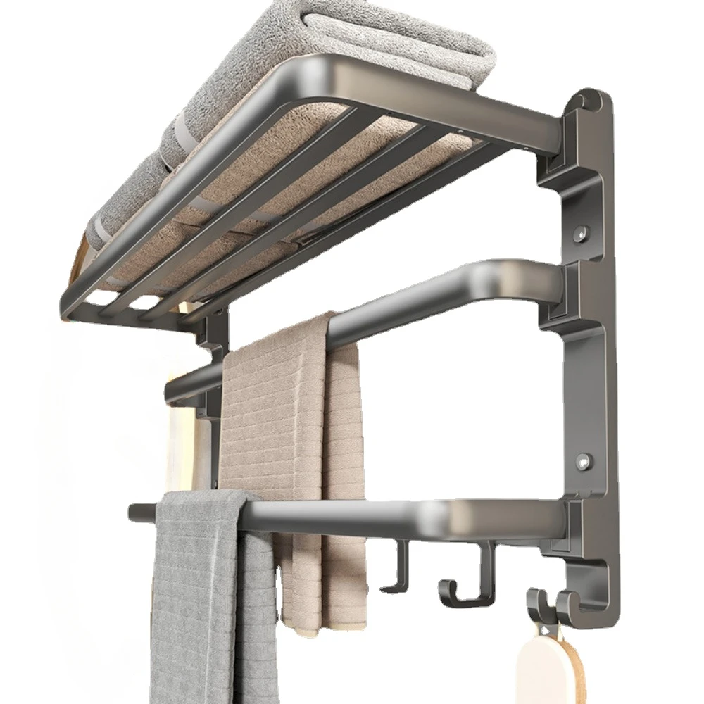Bathroom Accessories Triple Tier Folding Space Aluminum Towel Rack Gun Gray Wall-mounted Hardware Pendant Set Bath Towel Holder