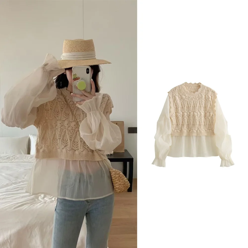 

Fake two-piece spliced half turtleneck sweater for women, autumn new style lace crochet vest, trumpet sleeve top