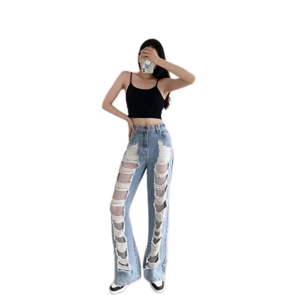 

Diamond Mesh Splicing Washed Women's Jeans Broken Holes High-waisted Straight Wide-leg Pants Trend New Foreign Clothing A06450