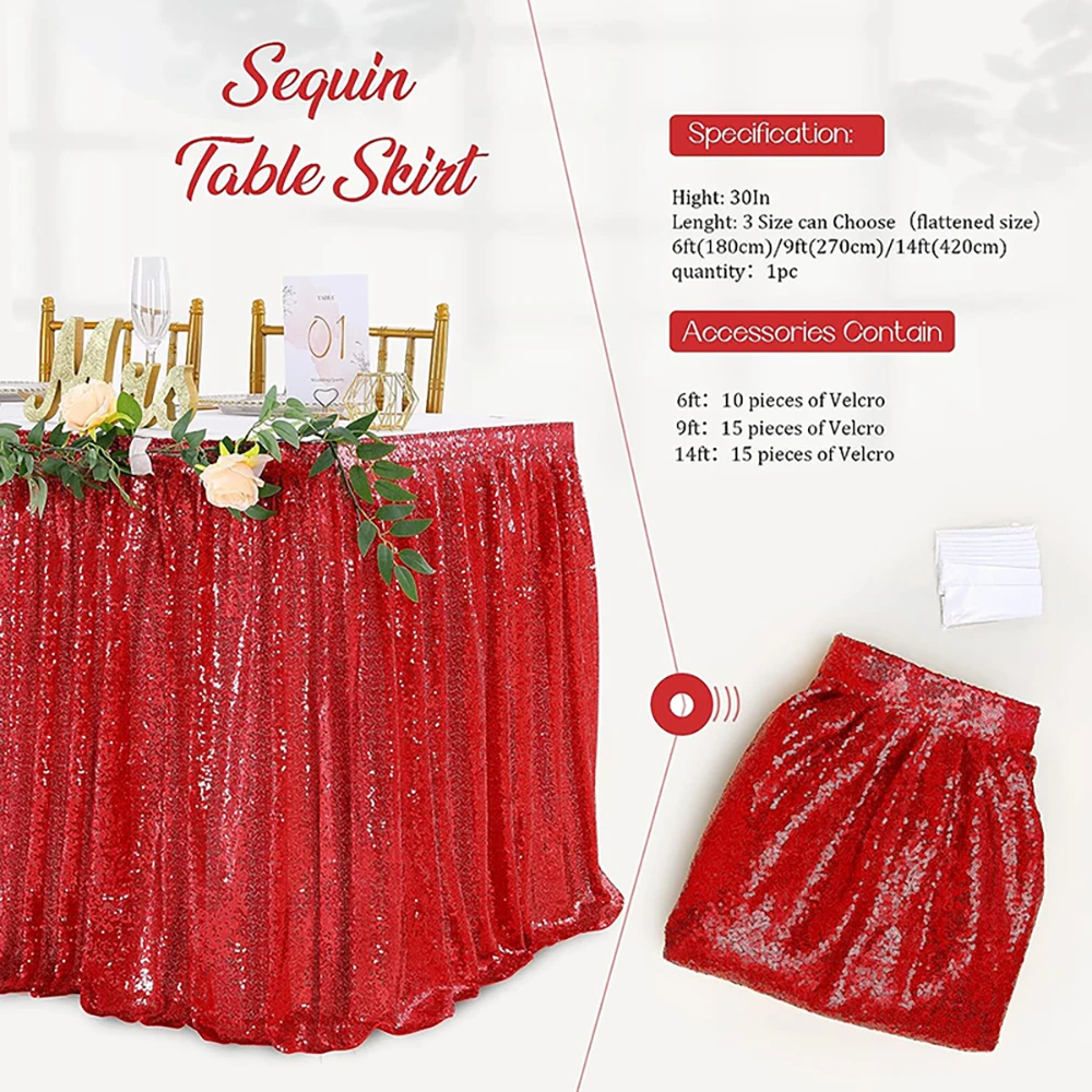 Description Picture 6 of item14ft Table Skirt Red Sequins Rectangle Square Round Glitter Tablecloth for Wedding Party Dinner Baby Shower Christmas Decoration