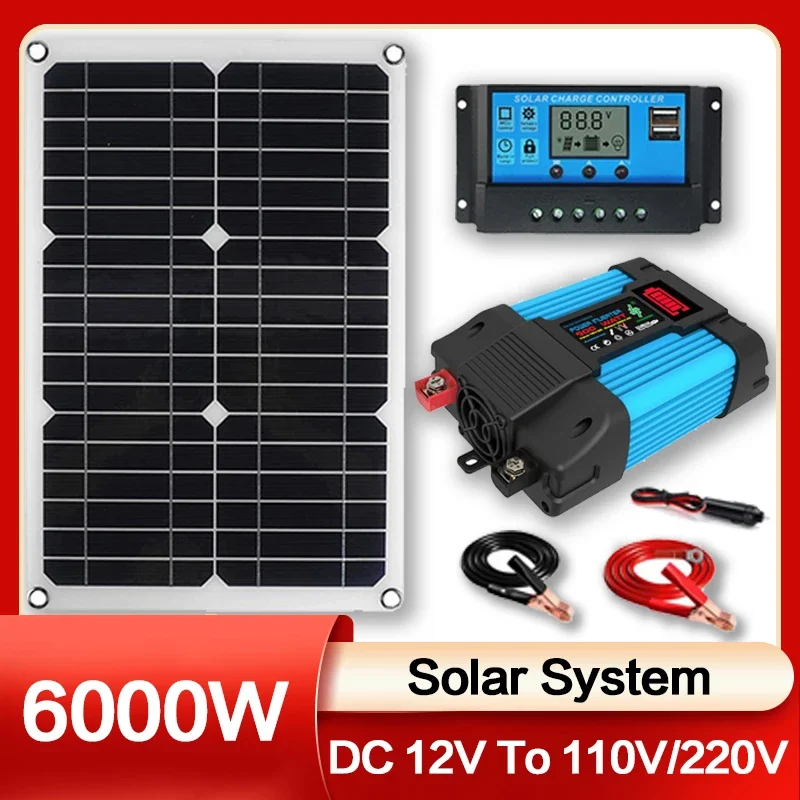 Système de production d'énergie solaire, panneau solaire 12V vers 110V/220V, onduleur 4000W-6000W, contrôleur 100A, kit complet de production d'énergie, chargeur 1