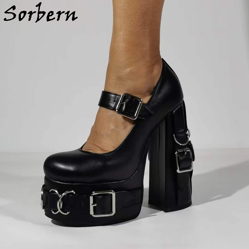 

Sorbern Mary Jane Women Pumps Shoes Round Toe Block High Heels Buckles On Heels And Platform Chunky Heel Visible Platform 33-48