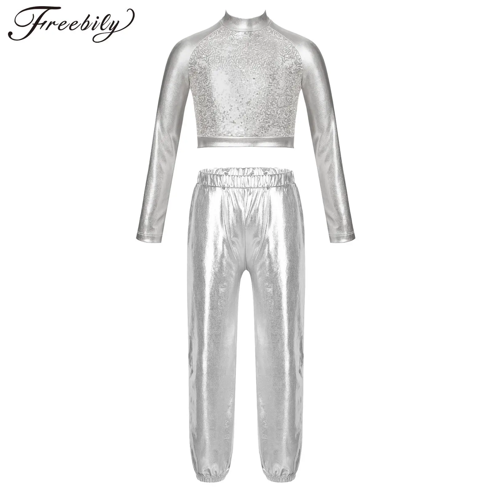 

Kids Girls Hip-hop Jazz Street Dance Break Dancing Outfit Metallic Long Sleeve Sequin Crop Top with Pants Party Stage Dancewear