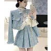 High Quality Tassel Design 2-Piece Sets Women Tweed Autumn New Solid Outfits Long Sleeve Short Jacket Coat + Pleated Skirt Suits 1