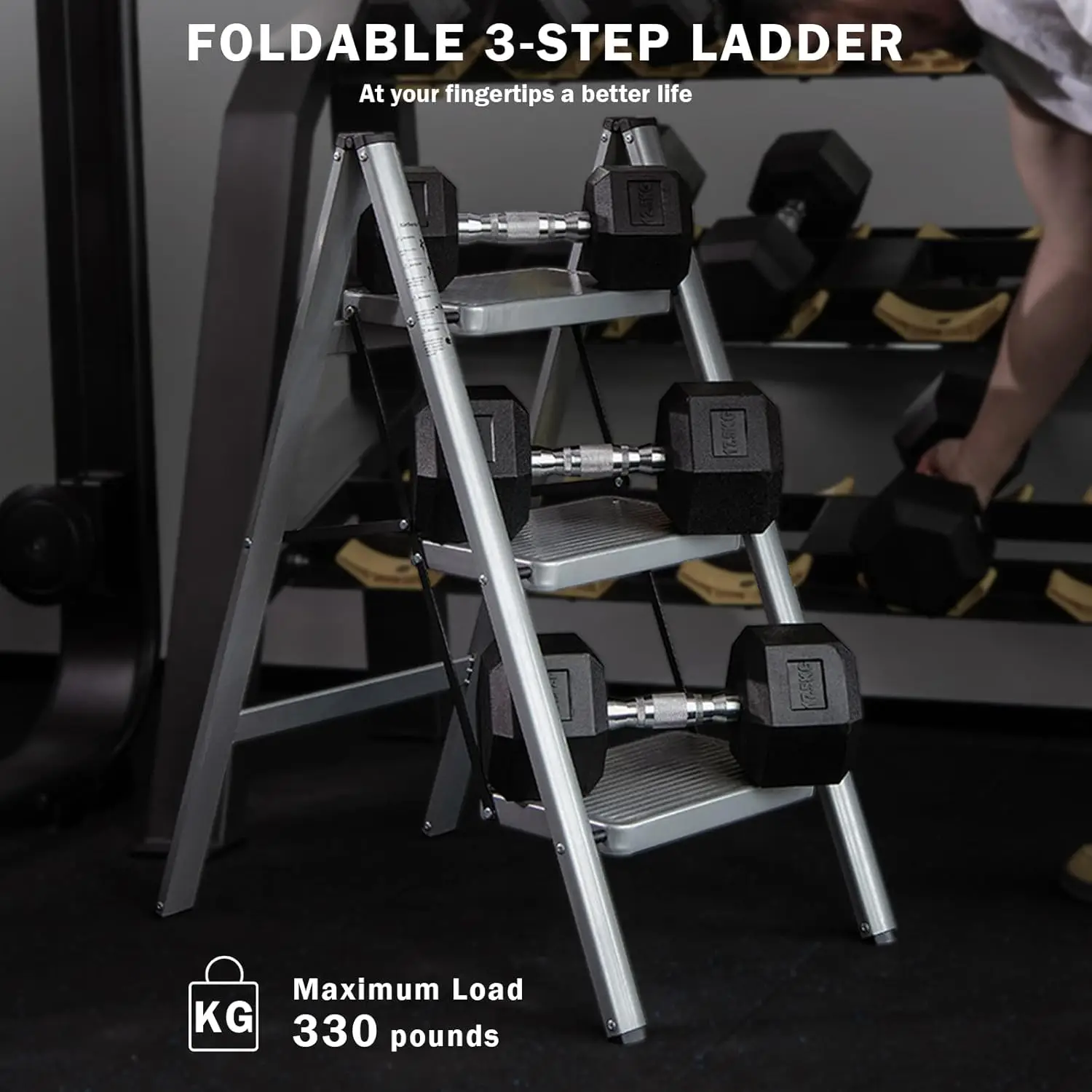 3 Step Ladder, Folding Step Stool with Anti-Slip Wide Pedal, Portable Sturdy Steel Ladder 3 Steps, 330lbs Safety Kitchen