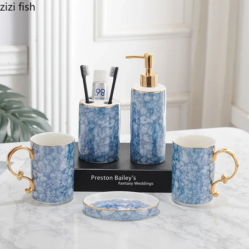 Sea Blue Ripple Bathroom Accessories Set Portable Soap Dispenser Toothbrush Holder Soap Dish Quality Ceramic Bath Supplies