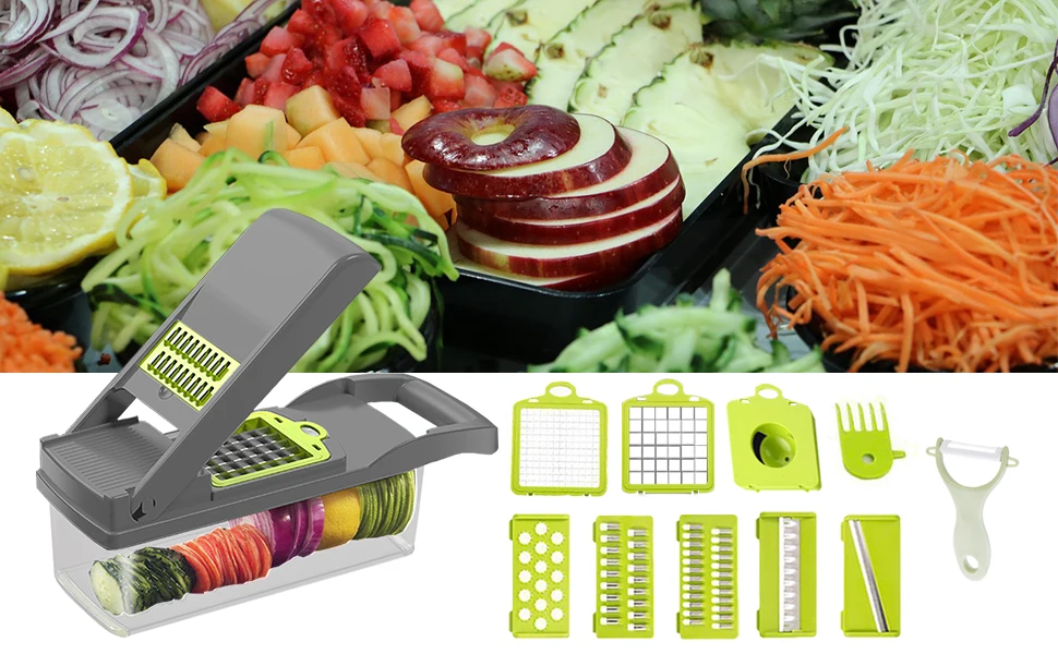 Vegetable Chopper 12 in 1 Interchangeable Blades with Basket Manual Food  Processors Fruit Cutter Potato Peeler Cheese Grater - AliExpress